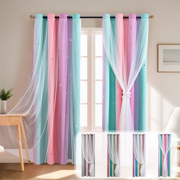 Blackout Curtains for Bedroom 39 Inch Gradient Striped Double Layer Star Sheer Curtains Dreamy Star Pattern Thermal Insulated Room Darkening for Living Room 2-in-1 Window Treatments by PALIFEUR