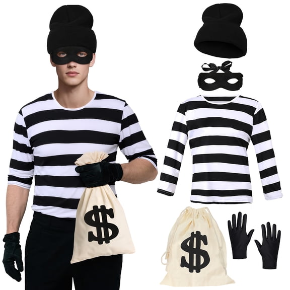 GOBWCOT Robber Costume Men Set of 5 Black and White Striped Shirt for Burglar Thief Halloween Cosplay Accessories for Adults