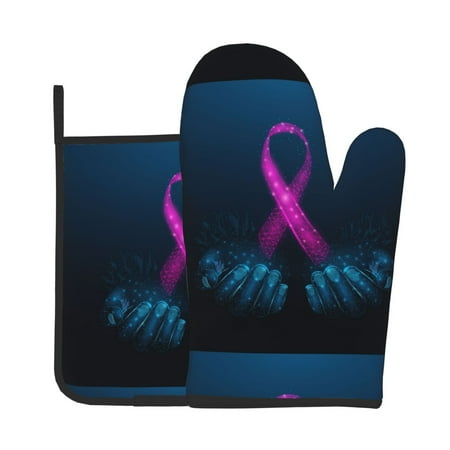 

Xecao Two Human Hands are Holds Ribbon Awareness Pattern Oven Mitts and Pot Holders Sets Heat Resistant Silicone Oven Mittens Extra Thicken Long Kitchen Cotton Oven Glove for Cooking