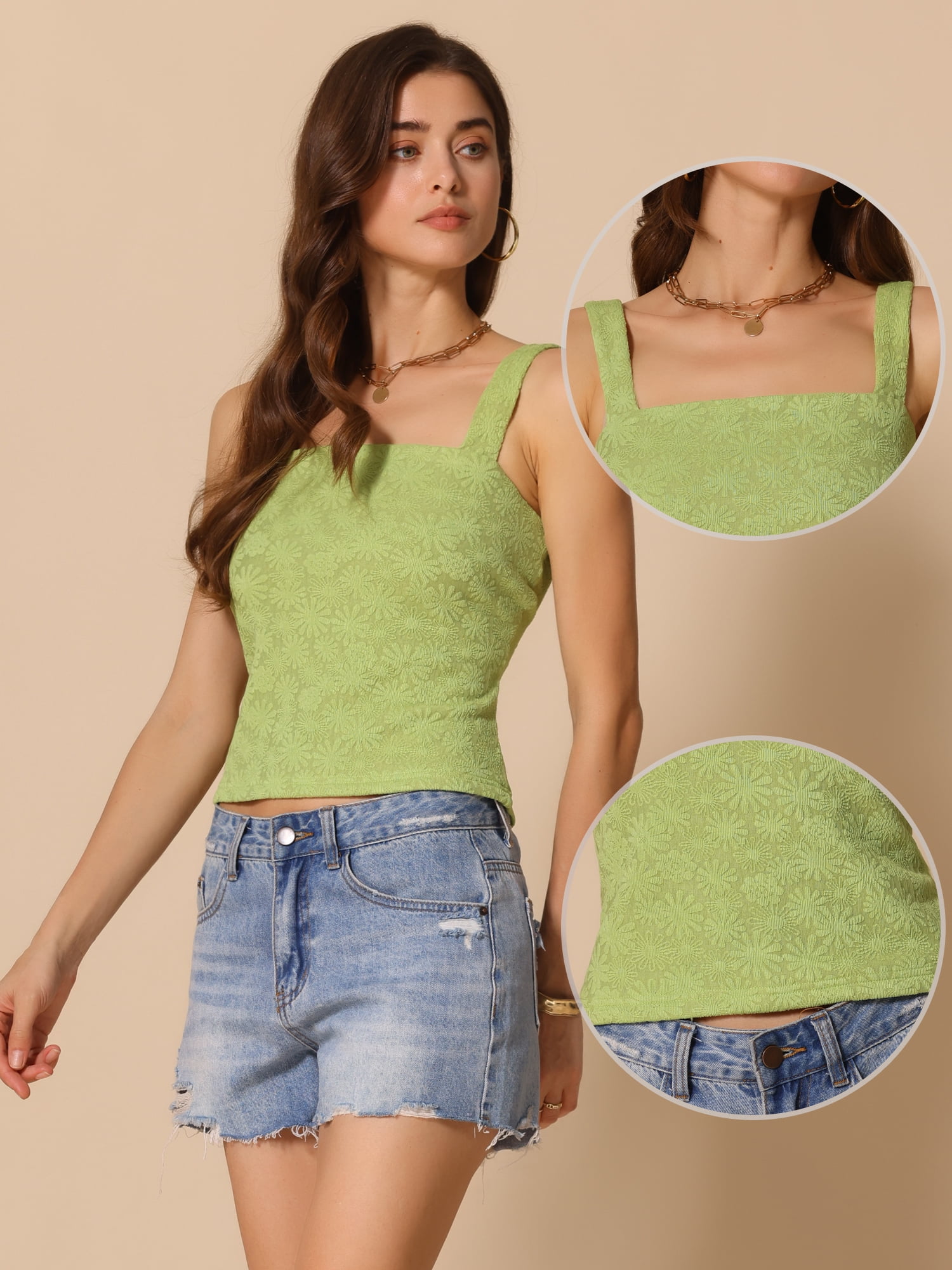 DARING DIVA Women's Wide Strap Lettuce Floral Trim Crop Cami Tops L Avocado Green