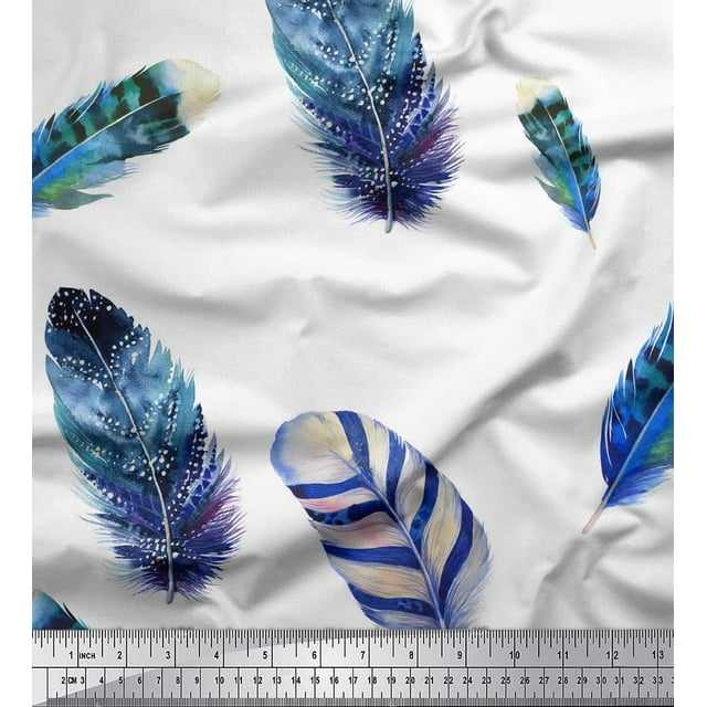 Soimoi Blue Poly Georgette Fabric Artistic Feather Print Fabric by Yard 52 Inch Wide