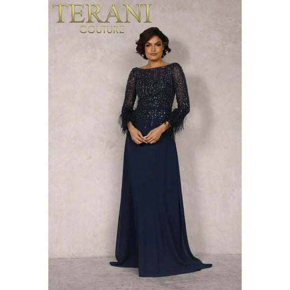 Women's Terani Couture 1921m0473 Elegant Floor-length evening elegant Gown Navy Blue 18