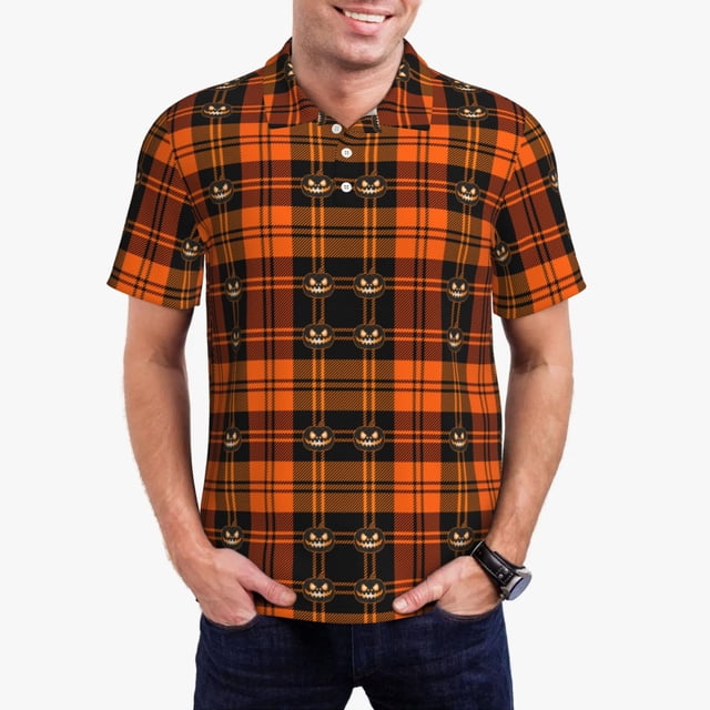 Balery Halloween Tartan Plaid Camisa Polo de Hombre con Estampado, de Manga Corta y Tejido Medio, Camisa Tipo Golf Polo-3X-Large