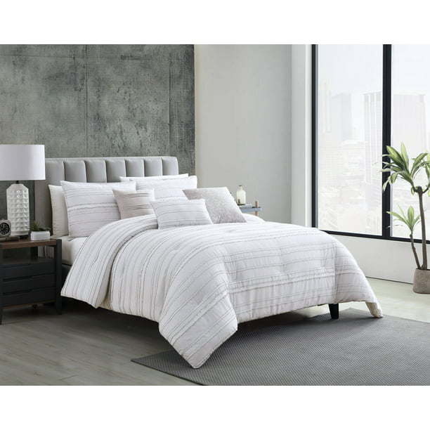 Riverbrook Home Boston Clipped Jacquard White/Gray 6 pc Queen Comforter Set