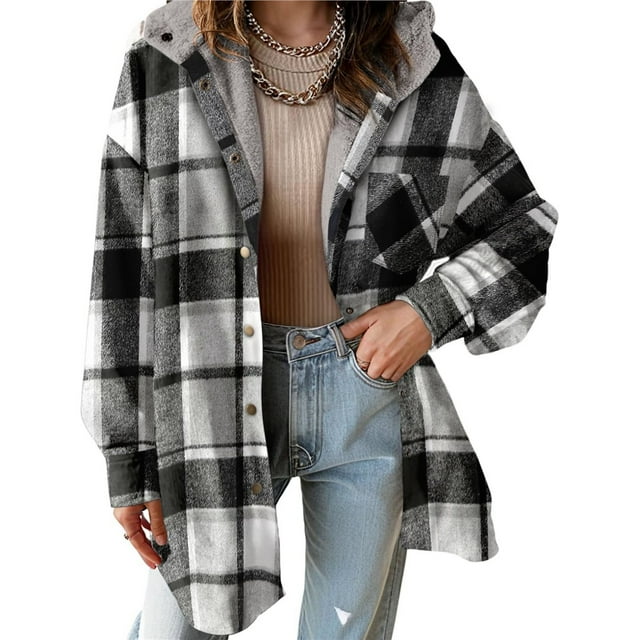 Chaqueta de Franela con Capucha para Mujer, Estilo Cuadros, Abrigo Grueso de Invierno, con Botones, Cálida y Suave, de Forro . Negro XXL