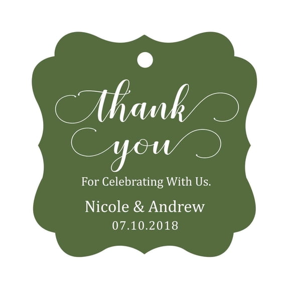 Darling Souvenir Custom Names Thank You For Celebrating With Us Wedding Hang Tags Personalized Party Tags-Olive Green-50 Tags