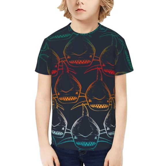 Fuzoiu Cartoon Sharks Print Boys' Casual T-Shirt,Crewneck Undershirts,Boys Athletic Shirt,Short Sleeve T-Shirts for Outdoor Play