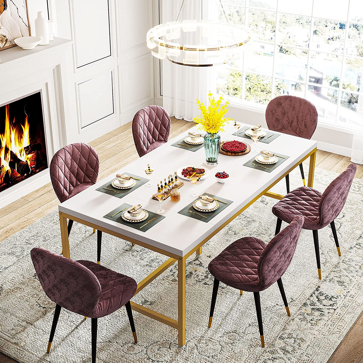 Tribesigns Dining Table Set for 6 White Gold Dining Room Table