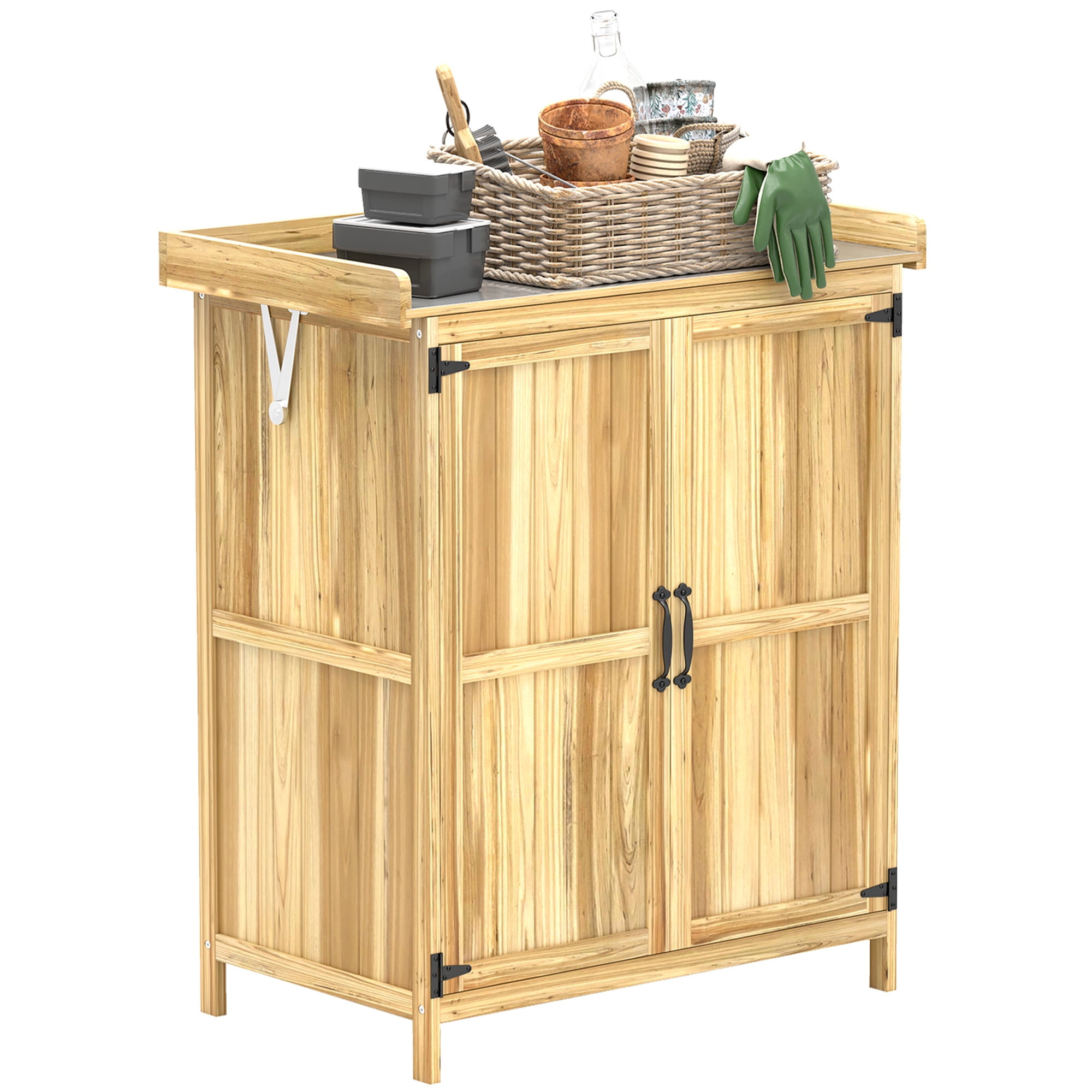 Outsunny Outdoor Garden Shed, Wooden Backyard Shed with Metal Tabletop, Shelf and 2 Doors for Patio, Lawn, Natural Wood