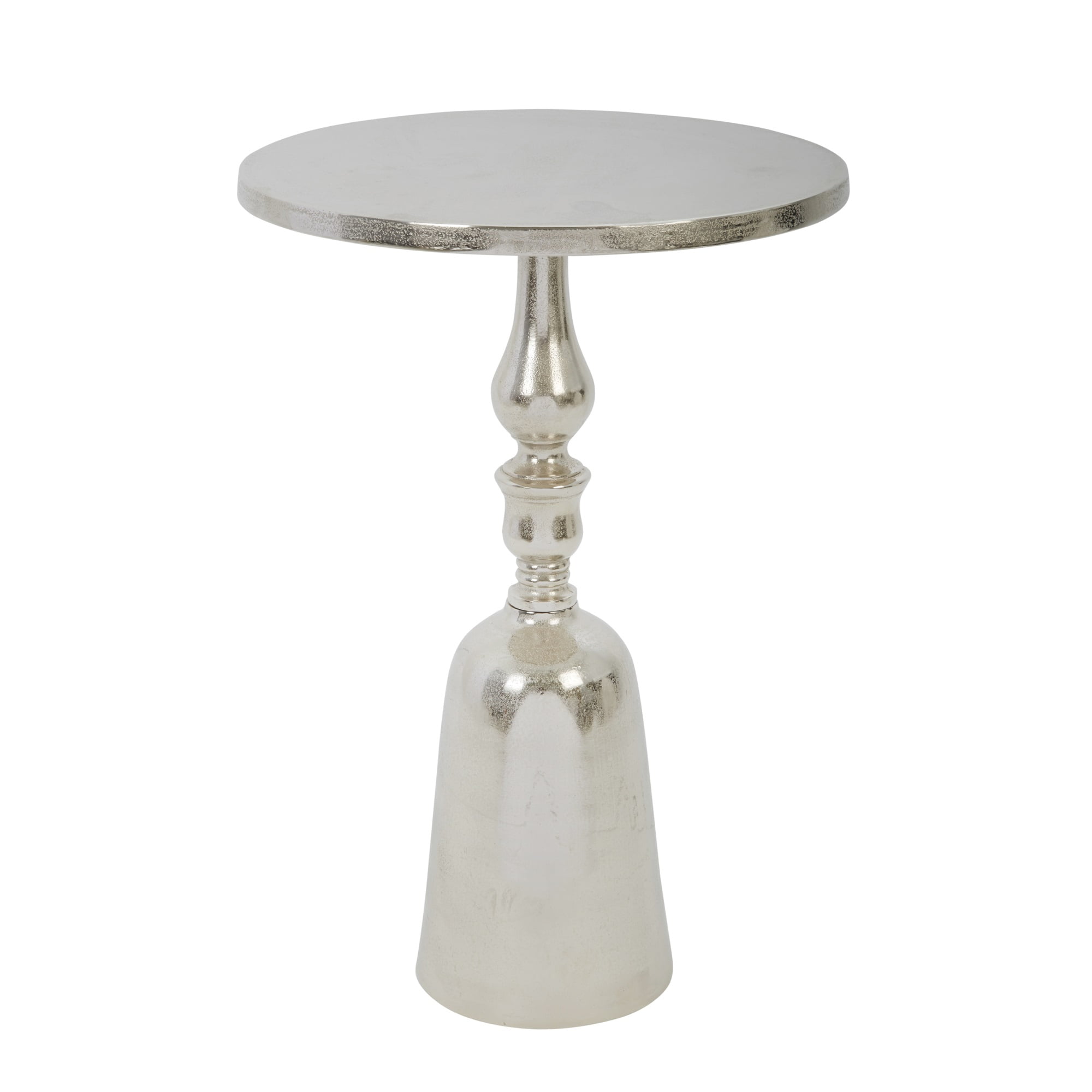 Round Aluminum Accent Table With Bell Shaped Base, Silver
