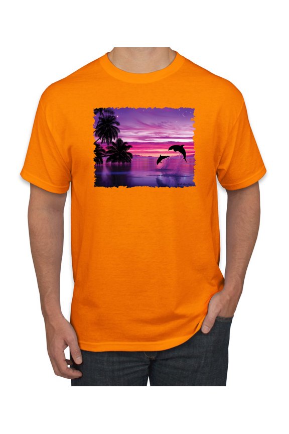 , Majestic Dolphins Jumping During Sunset, Animal Lover, Men Graphic Tees, Orange, Large