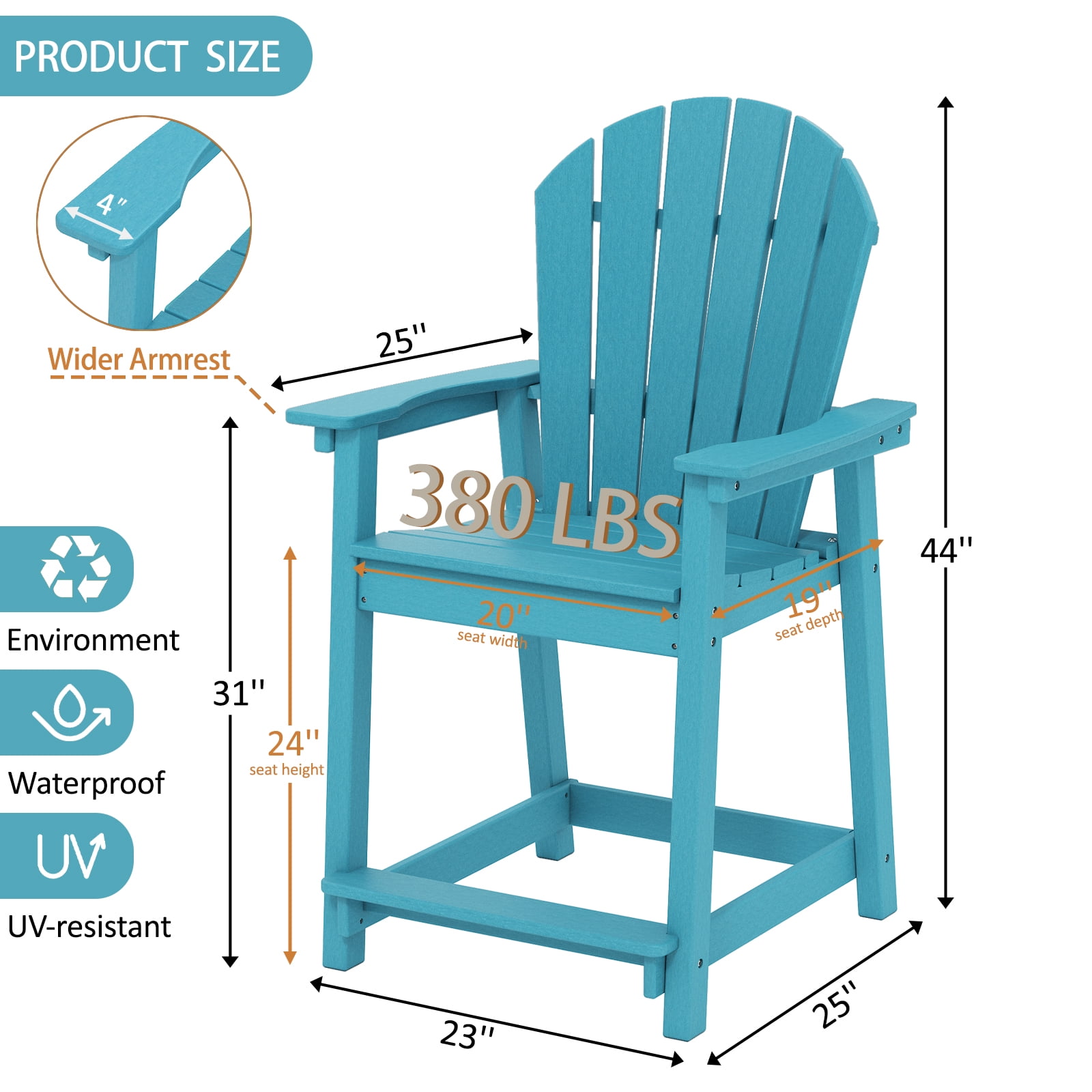 OTSUN Tall Modern Adirondack Chair, All Weather HDPE Bar Height Adirondack Stools Widened Durable Design for Porch Patio Yard Lawn Fire Pit Bistro Basement Indoors & Outdoors