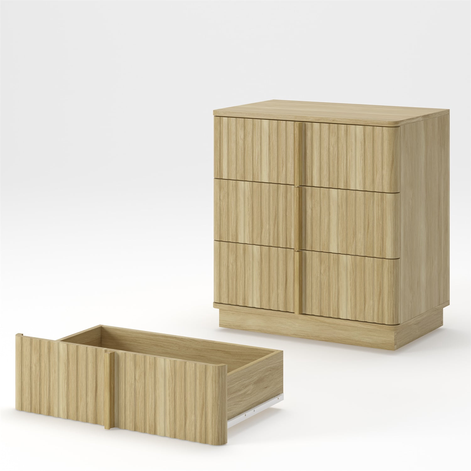 Hommoo Vintage Vertical Stripe 3-Drawer Nightstand Set of 2, MDF Retro Bedside Table for Bedroom, Living Room & Home Office, Modern Farmhouse Style, Natural