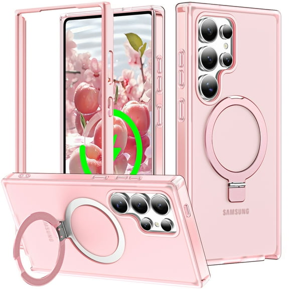 Magnetic Ring Stand for Samsung Galaxy S26 Ultra 2 In 1 Case, 360° Full Body Protection Built-in Screen Protector Hard Matte Clear Back Shockproof Bumper Cover for Samsung Galaxy S26 Ultra - Pink