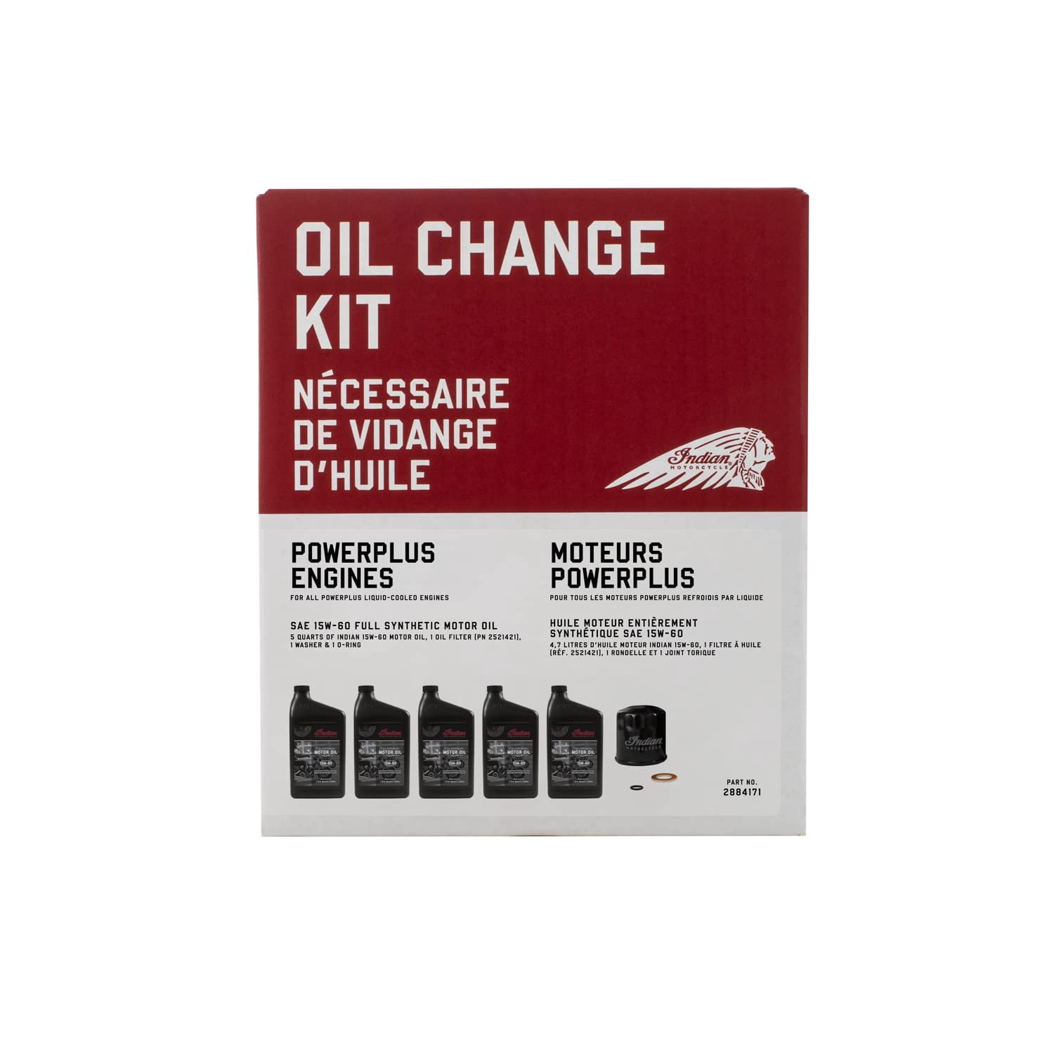 Indian Motorcycle Oil Change Kit for Specific Challenger and Pursuit Models With PowerPlus Engines, Includes 5 Quarts 15W-60 Full Synthetic Motor Oil, 1 Oil Filter, 1 Washer, 1 O-Ring - 2884171