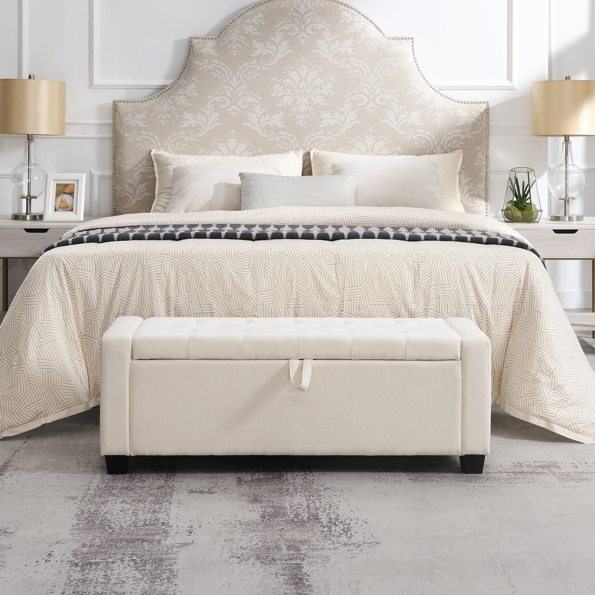 Ottoman with Storage, Upholstered Bench with Button Tufting and Safety Hinge, Solid Wood Frame for Bedroom Living Room Entryway, Beige