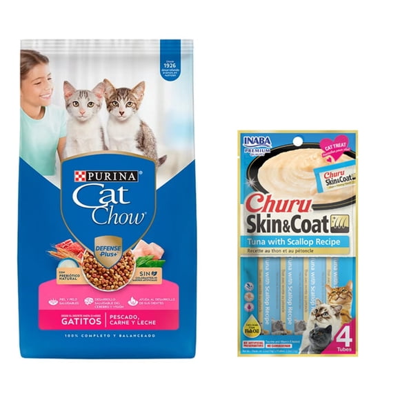 Cat Chow Gatitos Pescado Carne y Leche Defense Plus 7.5 kg + Churu Skin&Coat Atún y Vieira Snack 4 tubos de 14g
