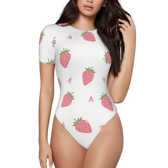 Fotbe Hand Drawn Strawberry Body de Mujer con Cuello Redondo y Mangas Cortas, Sin Mangas Ajustado, Suave, Cómodo y Básico-Medium