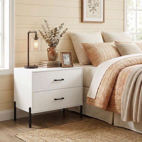 Resenkos Modern Wooden 2 Drawer Nightstand with Metal Legs and Handles, Minimalist Bedside Table for Bedroom, White