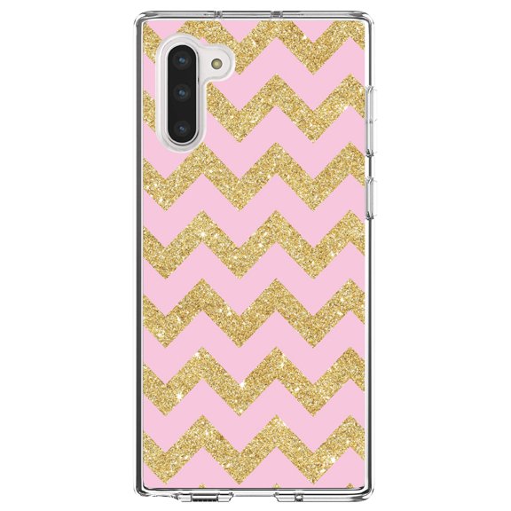 DistinctInk Clear Shockproof Hybrid Case for Samsung Galaxy Note 10 (6.3" Screen) - TPU Bumper, Acrylic Back, Tempered Glass Screen Protector - Pink & Gold Print - Chevron Pattern