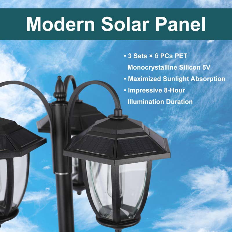 HOODINK 73" Aluminum Solar Lamp Post Light, 3-Head Solar Light Posts for Outside Waterproof, 90Lm Outdoor Lamps for Patio, Backyard, Front Porch Decor, Warm White, Replaceable Bulb