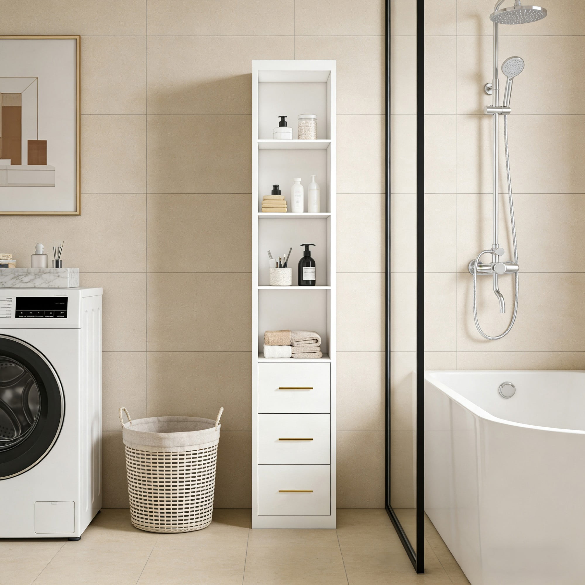 Mintazer 85.05" Tall Storage Cabinet with 4 Shelves and 3 Drawers for Bathroom Living Room Bedroom, White