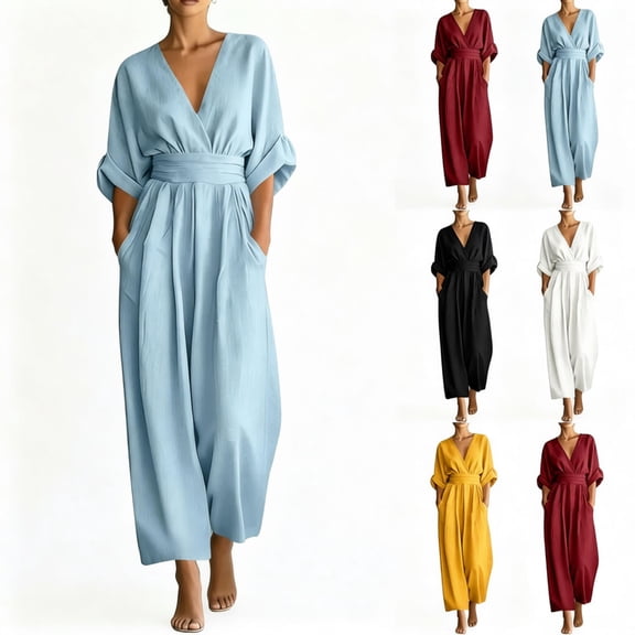 Purcolt Women's Jumpsuits High Waist Wide Leg Jumpsuit Wrap V Neck Half Sleeve Long Romper Dressy Elegant One Piece Outfit