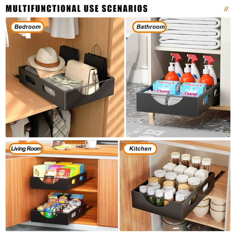 Pull Out Cabinet Organizer Fixed With Adhesive Nano Film,Heavy Duty Storage  and Organization Slide Out Pantry Shelves Sliding Drawer Pantry Shelf for  Kitchen,Living Room,Home, 10.8 W x 15.15 D 