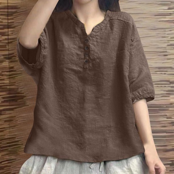 mfyjkho Tops De Gimnasio Para Mujer, Blusa Informal De Verano Con Botones, Escote En V Y Mangas 3/4 Para Mujer Tops Y Blusas Para Mujer L