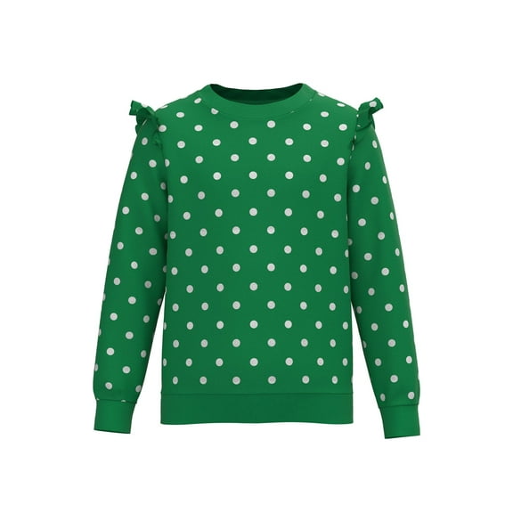 Cotonly Girls Polka Dot Ruffle Sweatshirt - Green, Fleece Winter Wear with Glitter Polka Dots, 100% Organic Cotton, Sizes 2T-12 Years
