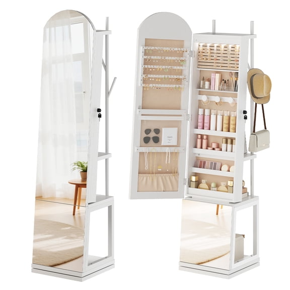 HOOBRO Standing Arched Mirror Jewelry Cabinet with Rotating Organizer, Lock, LED Lights, Shelves & Hooks, White