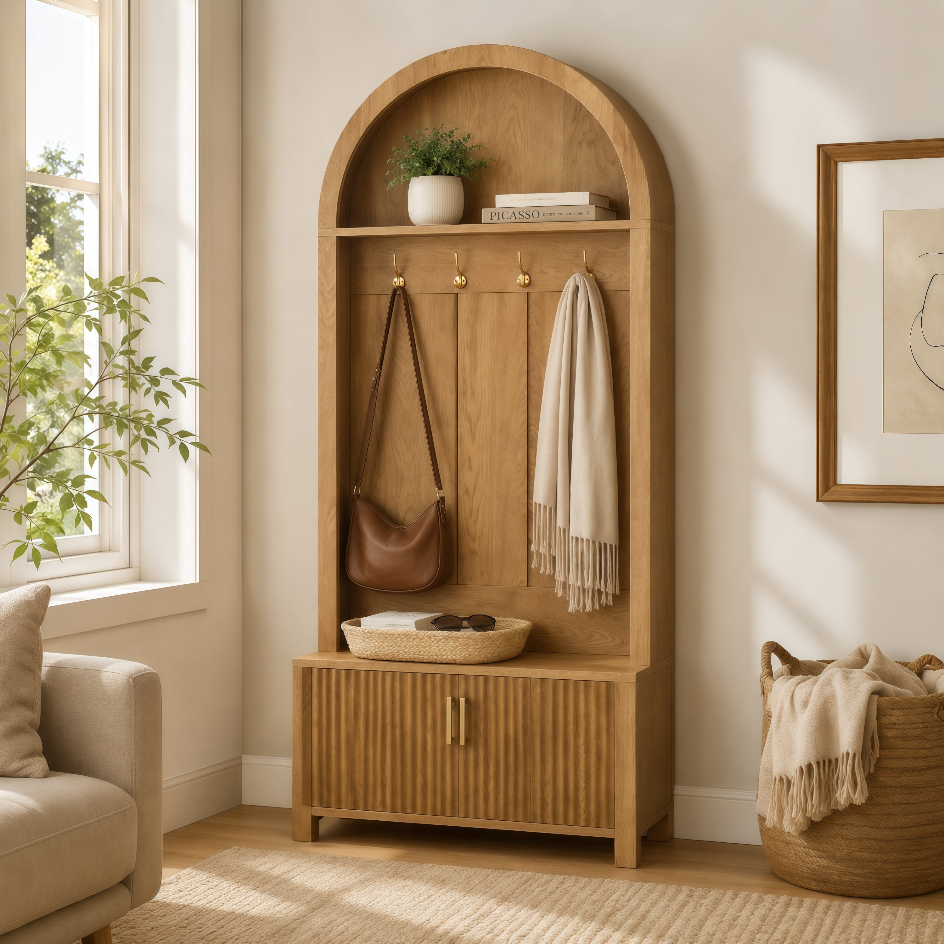 Arched Top Hall Tree with Bench and Shoe Storage,mudroom bench with storage,70.3"Arch Coat Rack with 4 Metal Hooks and 2 Fluted Doors, Organizer for Mudroom, Entryway, Hallway