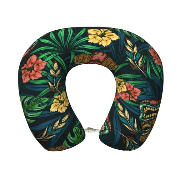 Easygdp Tropical Tribe Mask Travel Pillow Memory Foam, Head Neck Support Airplane Pillow for Traveling, Car, Home, Travel Neck Flight Pillow