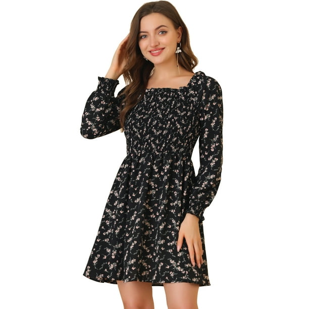 Vestido Floral De Manga Larga Con Cuello Cuadrado Y Fruncido Allegra K Negro M