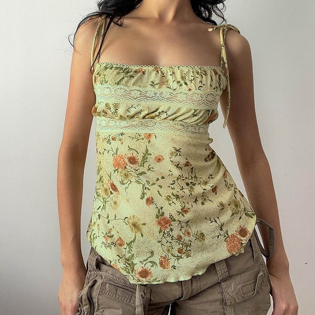 Mareep Débardeurs pour Femmes S-L Jupe Plissée Taille Haute Florale Douce d'Été pour Femmes Camisole à Lacets Col Rond