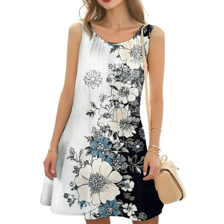 bbyeadc Spring Dresses for Women 2025 Sleeveless Boat Neck Floral Mini Dress Women Summer Trendy Hawaiian Coverups Spring Womens Casual Swimwear  White M