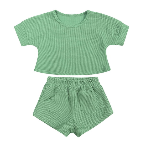 Ropa De Bebé (Niño O Niña) Traje De Niño Pequeño Verano Waffle Top De Manga Corta Pantalones Cortos Conjunto De Dos Piezas Verde Odeerbi LM103-10390
