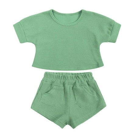

Odeerbi Baby Boy Girl Clothes Toddler Outfit Summer Waffle Short-sleeved Top Shorts Two-piece Set Green
