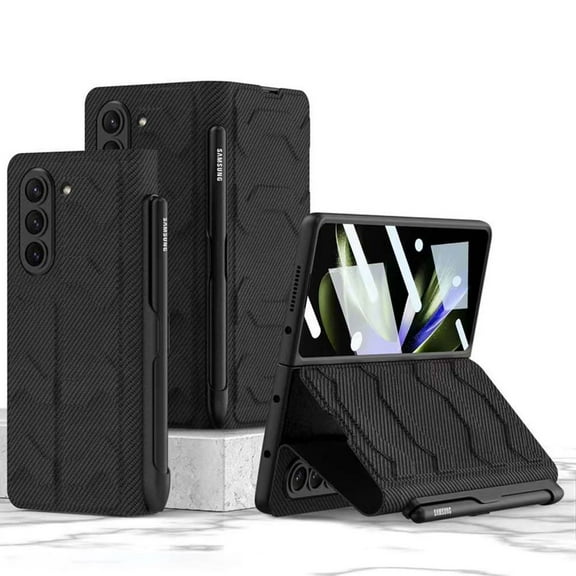 Haobuy Compatible with Samsung Galaxy Z Fold 5 Leather Case with Screen Protector Pen Holder All-Inclusive Kickstand Case-Black A