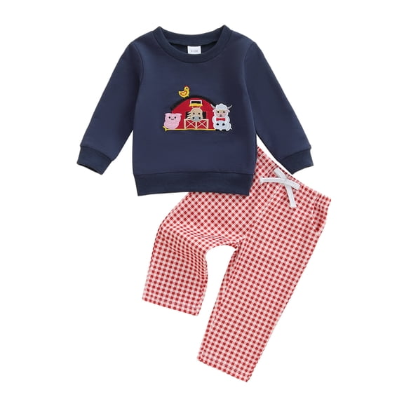 BemeyourBBs 2Pcs Toddler Baby Boy Farm Animal Outfit Spring Fall Clothes Long Sleeve Crew Neck Embroidery Sweatshirt with Plaid Pants Set