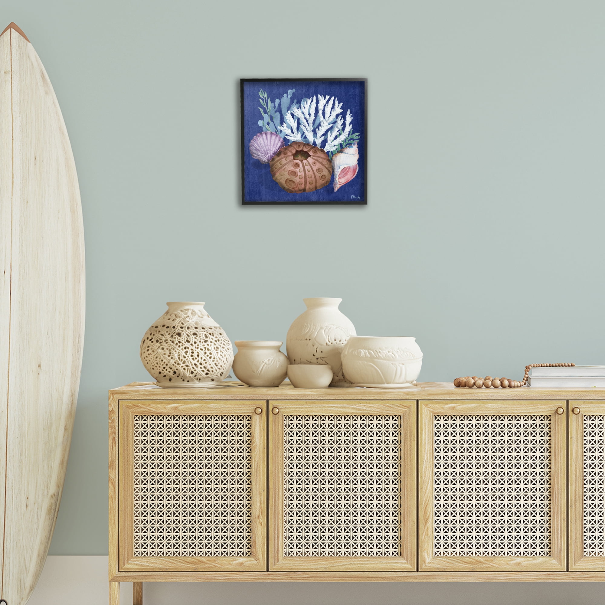 Stupell Industries Urchin & Coral Still Life Coastal Painting Black Framed Art Print Wall Art, 17 x 17