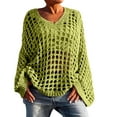 thumbnail image 2 of NTACZA V Neck Womens Sweaters Green Hollowout Plus Size Sweater Bell Sleeve Fishnet Baggy Knit Shirt Ladies Jumper XL, 2 of 6