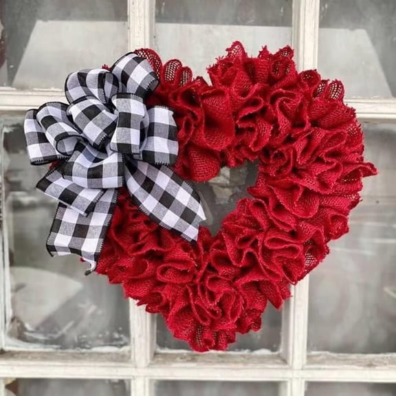 Valentines Day Heart Wreath for Front Door, Buffalo Plaid Bow Wall Decor Party Supplies
