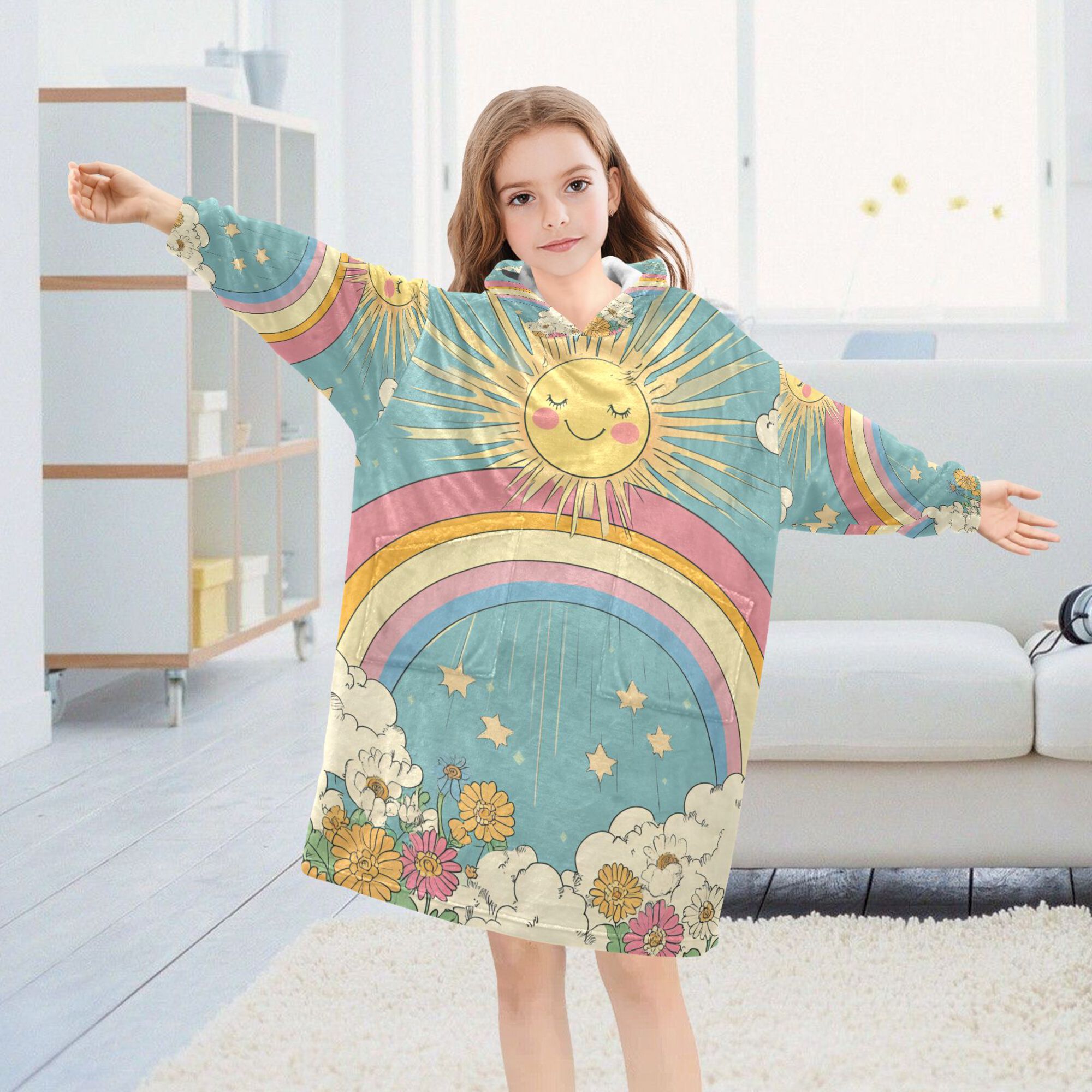 FORMRS Wearable Blanket Hoodie with Sleeves for Kids Cozy Flannel Sweatshirt, Retro Beige Rainbow