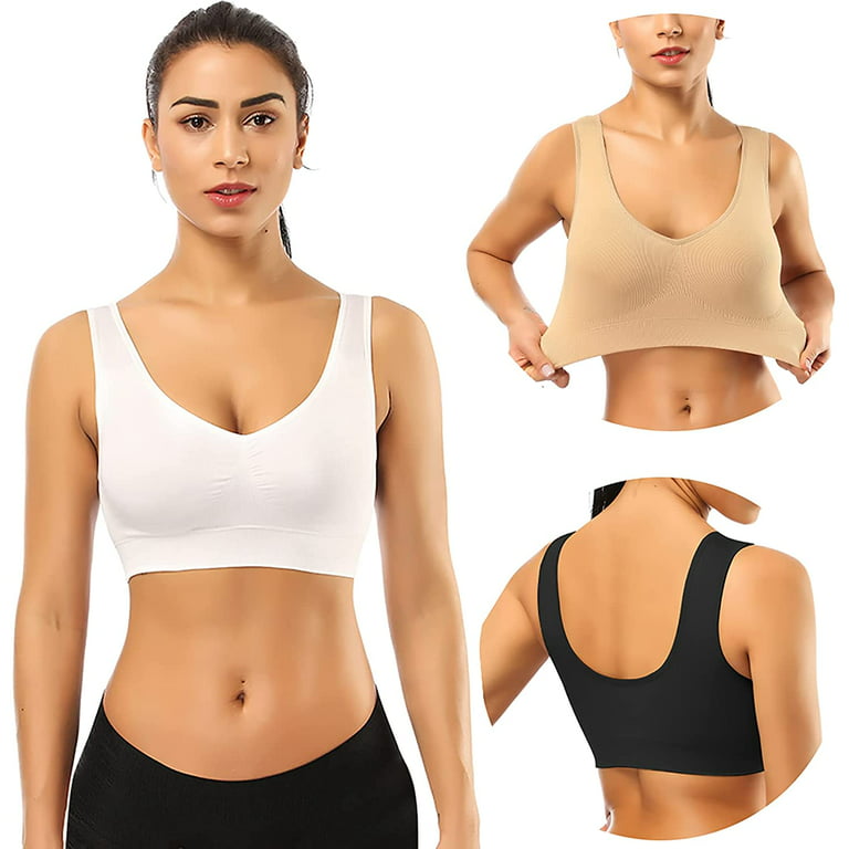 3 Pack Sports Bras for Women,Seamless Comfortable Bras Set with Removable  Pads for Sleep,Pull on Closure,Black+White+Nude,XL 
