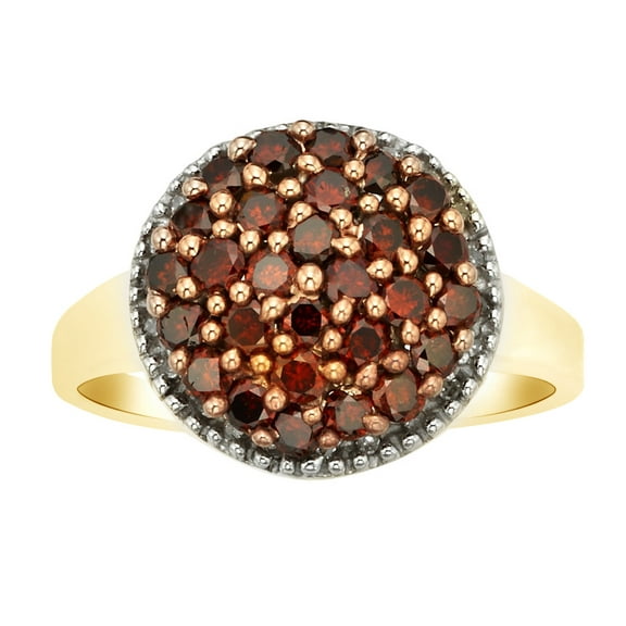 AFFY Round Shape Red Natural Diamond Cluster Promise Ring In 14K Yellow Gold Over Sterling Silver (1 Cttw)