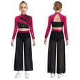 thumbnail image 5 of SiiRoh Girls Modern Jazz Dance Performance Set Sequins Crop Top and Chiffon Wide-Leg Side Slit Pants Hot Pink 6, 5 of 6
