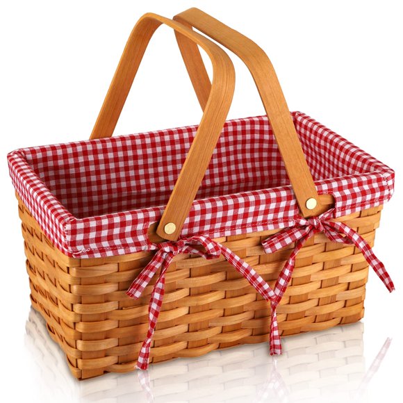 Yesland Panier de Pique-Nique, Panier Tressé Naturel avec Doubles Poignées Pliantes, Panier en Copeaux de Bois et Organisateur pour Rangement de Couvertures pour Ramasser les Oeufs