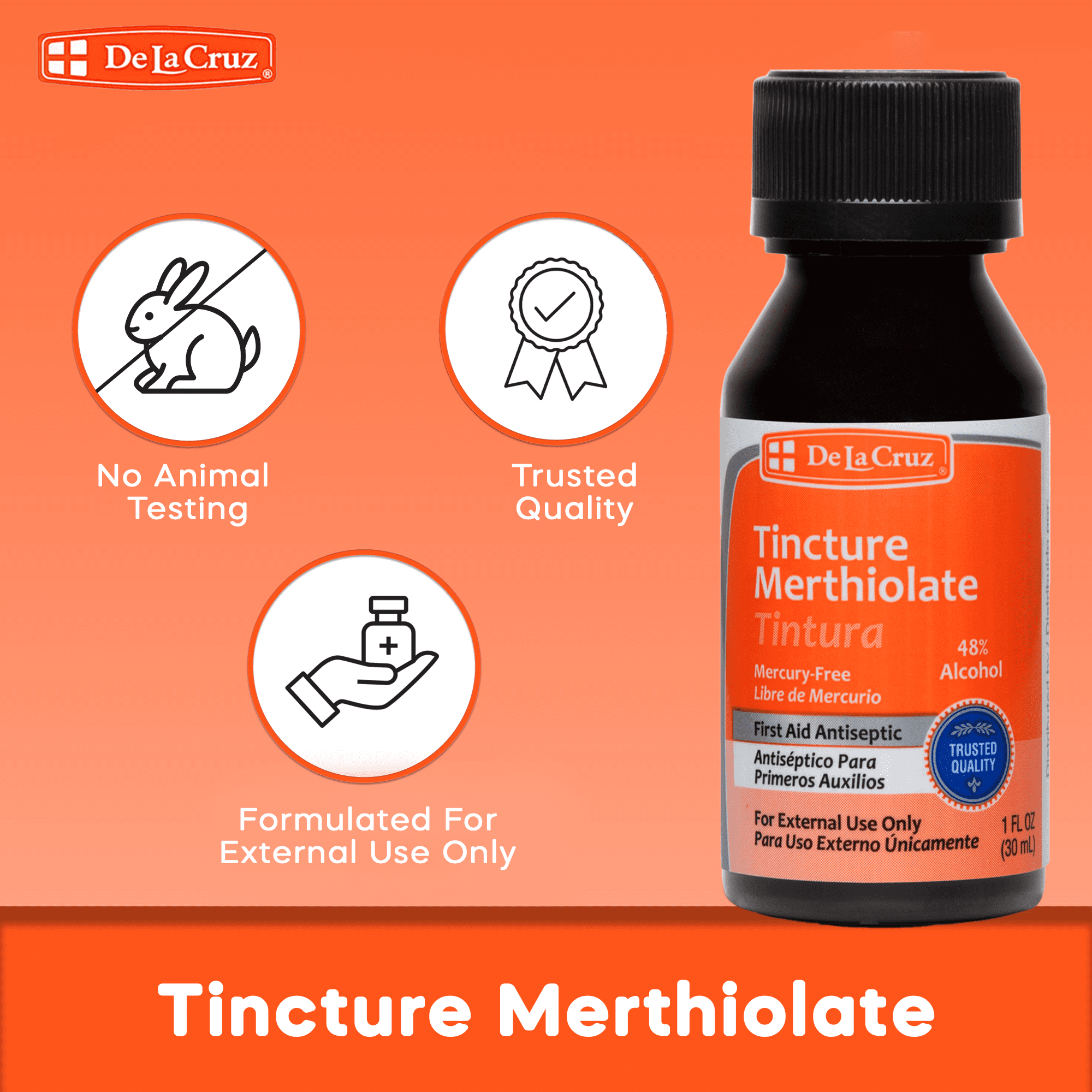 De La Cruz Tincture Merthiolate First Aid Antiseptic Mercury Free, 1 fl oz (30 mL)