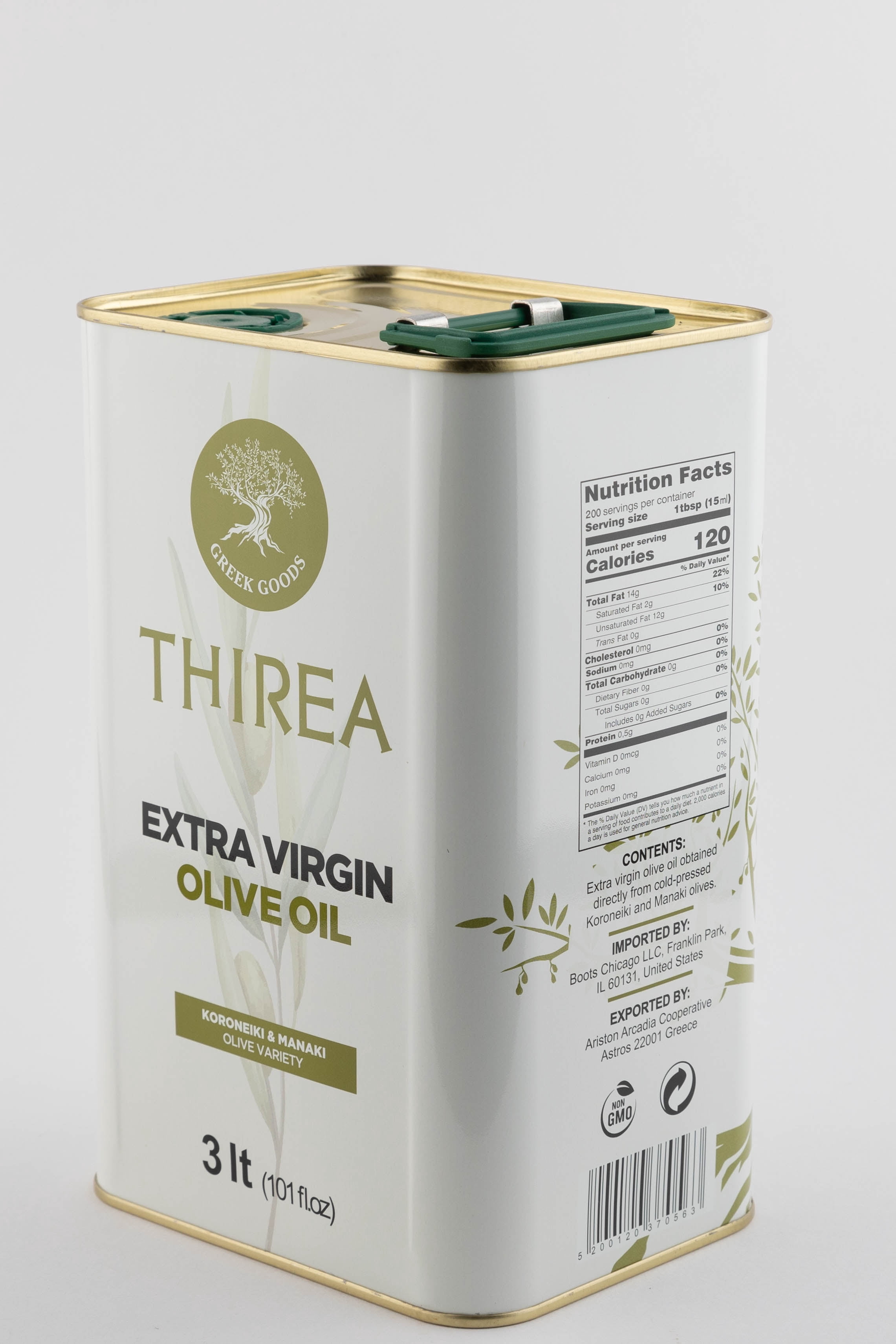Thirea Extra Virgin Olive Oil 3L Tin 101 fl oz Extra Virgin Olive Oil 3L Tin Cold Pressed EVOO, Authentic Greek Olive Oil, Rich Flavor for Cooking